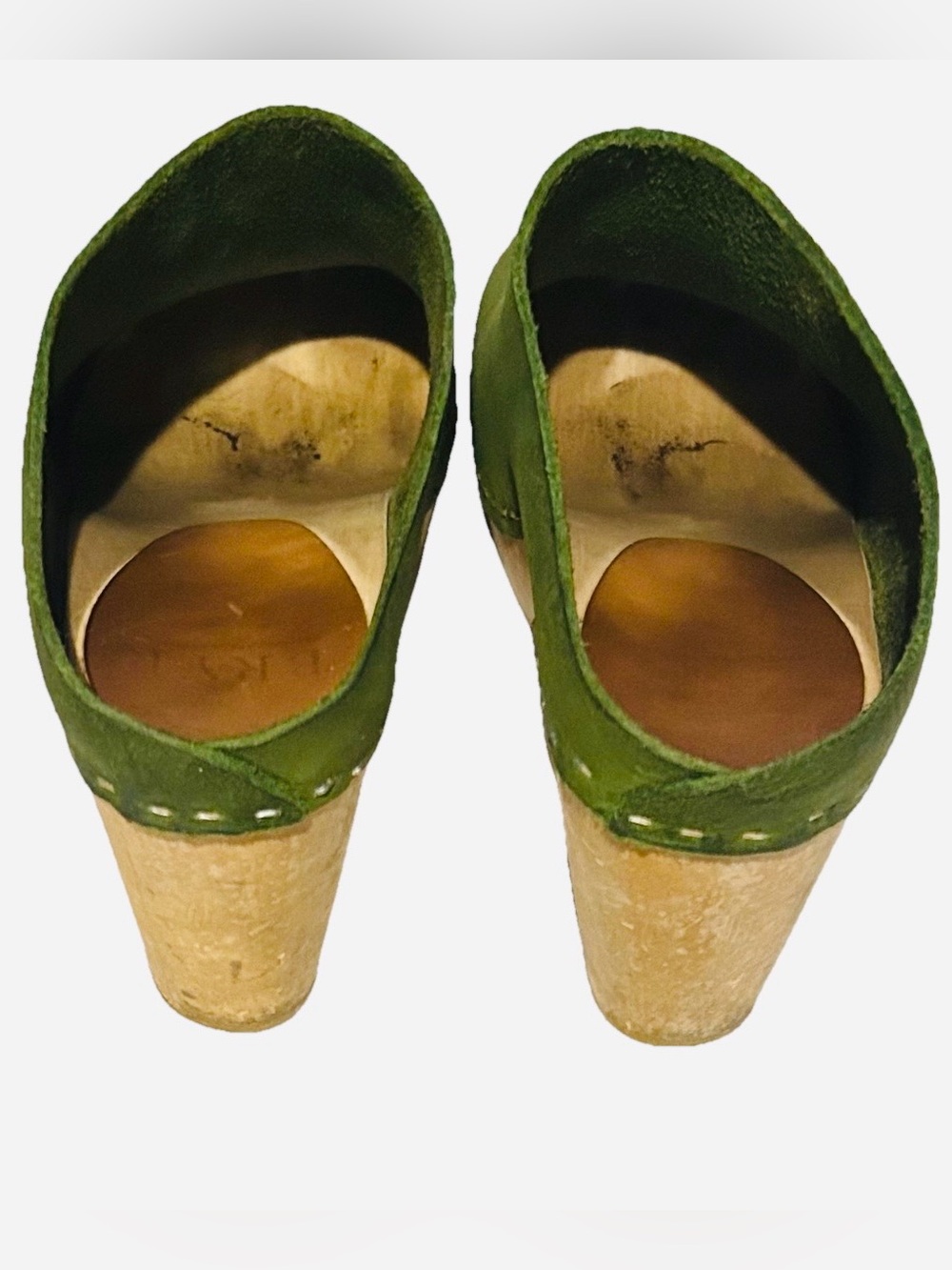 BRYR Green Suede Wooden Clogs Size 36 Handmade Leather Slip On Mules - Picture 5 of 11